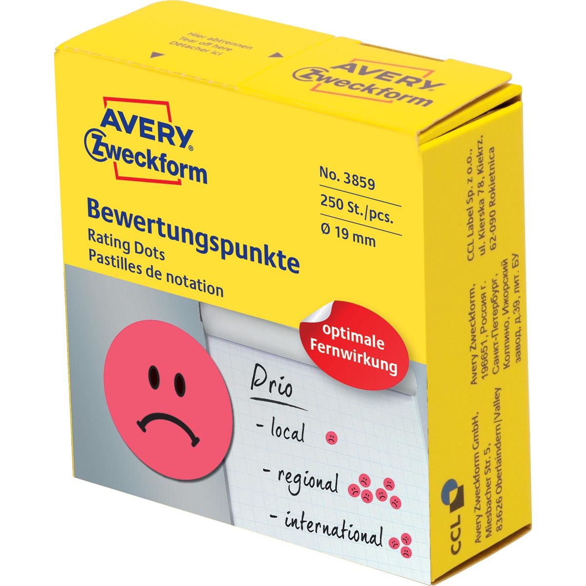 Avery Zweckform -  rating dots, diameter 19 mm, rol met 250 stuks, smiley, rood