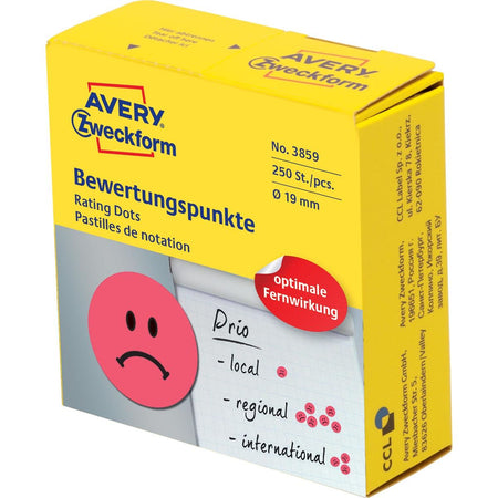Avery Zweckform - points d'évaluation, diamètre 19 mm, rouleau de 250 pièces, smiley, rouge