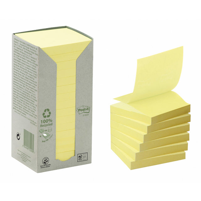 Post-it - Bloc-notes Z-Note R330-1T 76x76mm jaune recyclé 16 pièces
