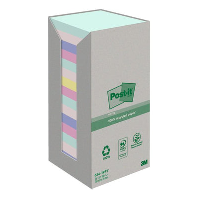 Post-it - Bloc-notes 654-RTP 76x76mm pastel arc-en-ciel recyclé 16 pièces