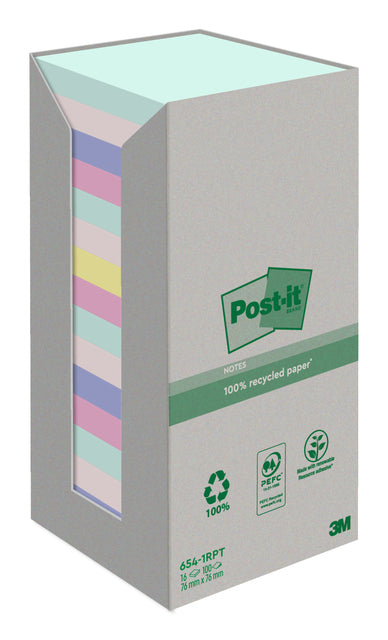 Post-it - Bloc-notes 654-RTP 76x76mm pastel arc-en-ciel recyclé 16 pièces