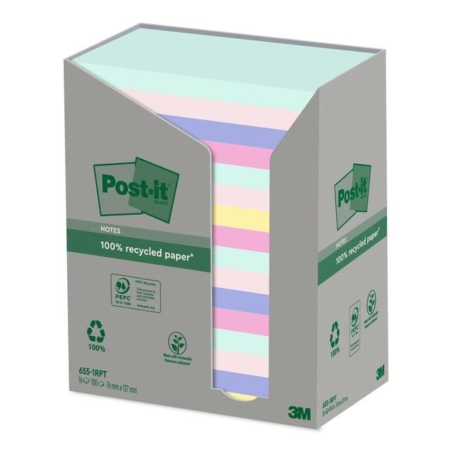 Post-it - Bloc mémo 655-RPT 76x127mm pastel arc-en-ciel recyclé 16 pièces