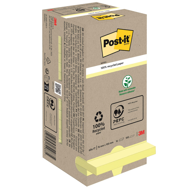 Post-it - Bloc mémo 654 76x76mm jaune pastel recyclé 16 pièces