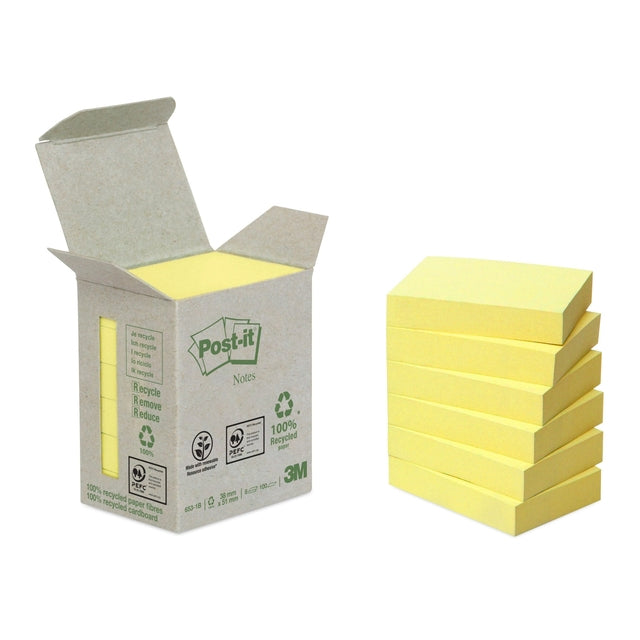 Post-it - Notizblock 653-1B recycelt 38x51mm Kanariengelb 6 Stück