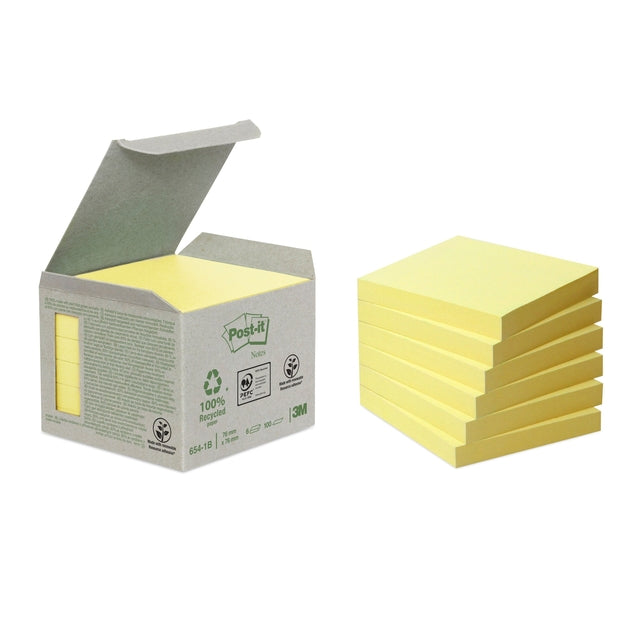 Post-it - Notizblock 654-1B 76x76mm recycelt gelb 6 Stück