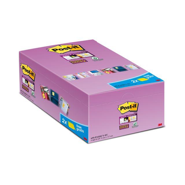 Post-it -  Memoblok 655 Super Sticky 76x127mm geel 14+2 gratis