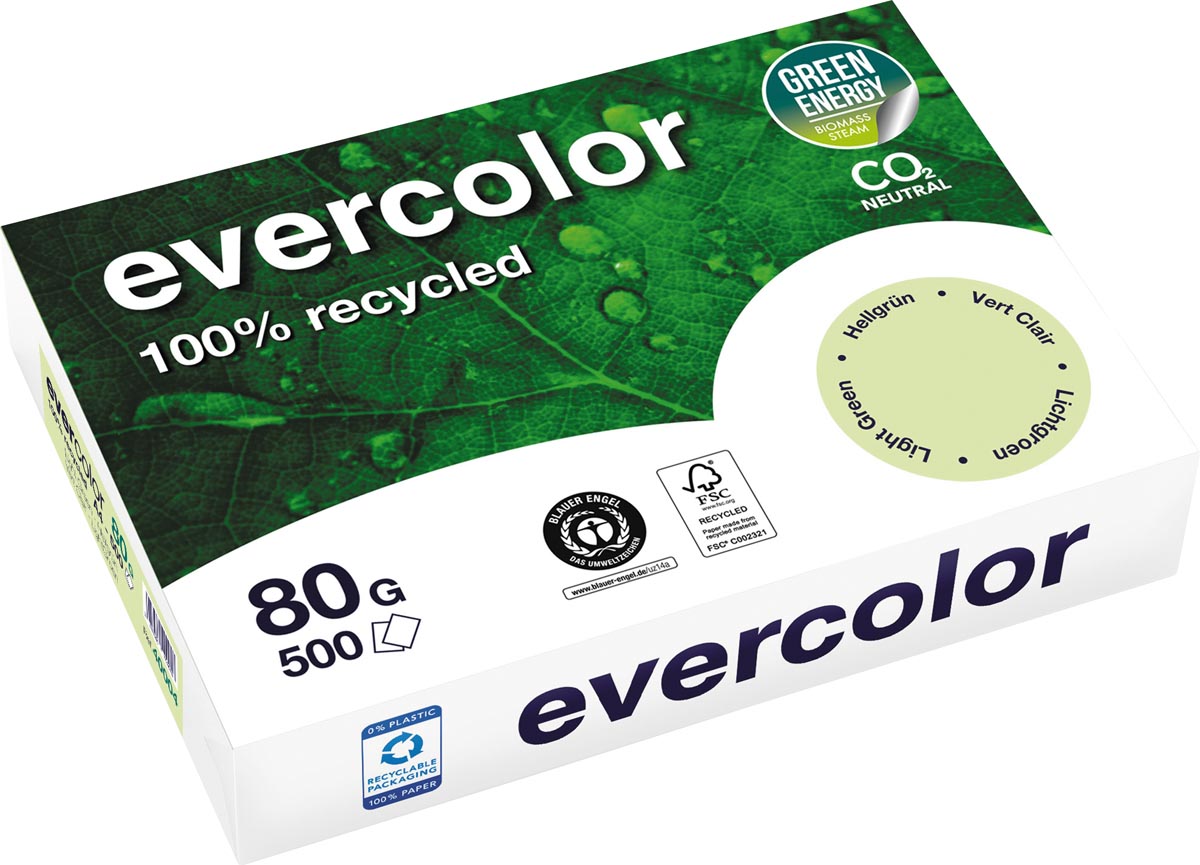 Clairefontaine - Evercolor, papier recyclé coloré, A4, 80 g, 500 feuilles, vert clair