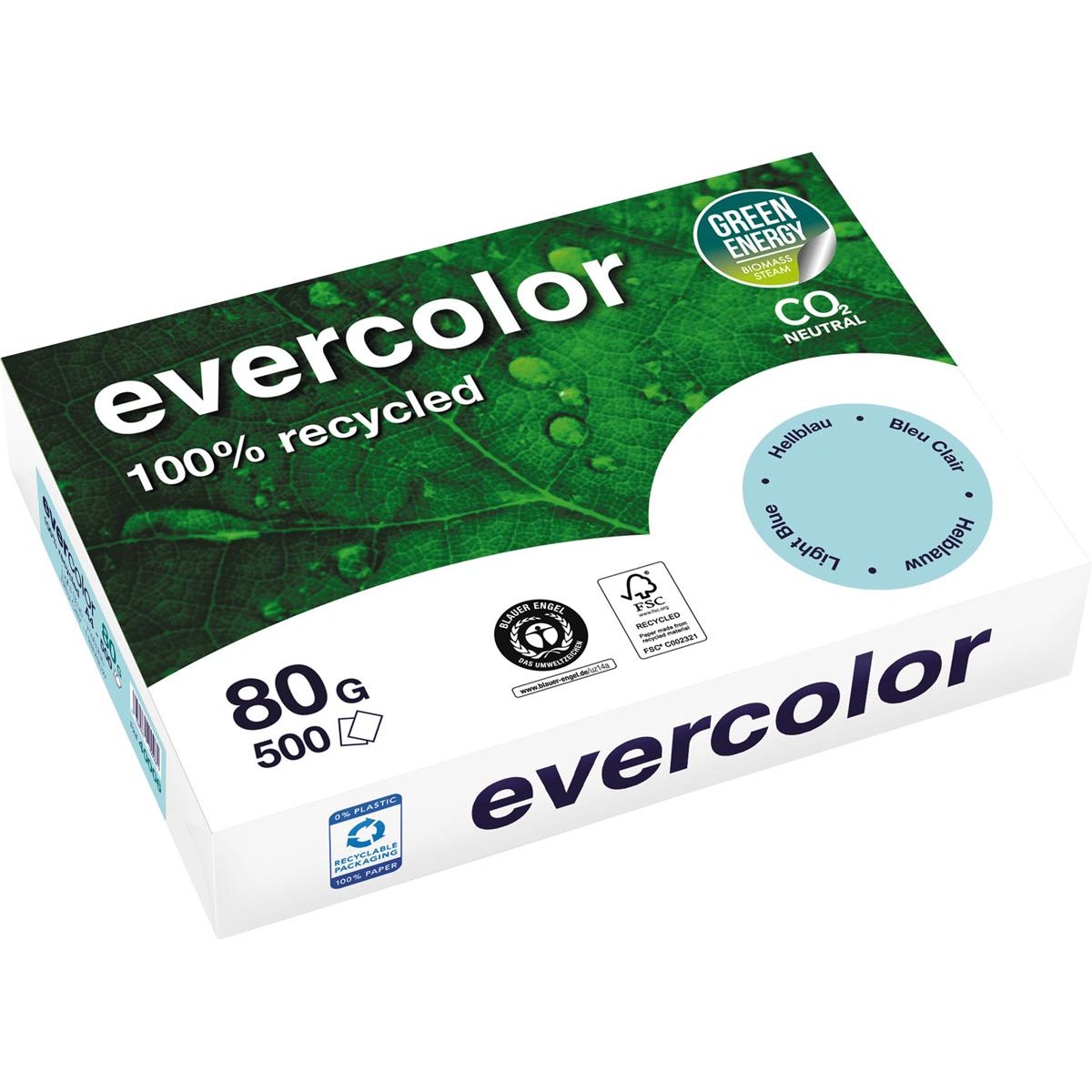Clairefontaine - Evercolor, papier recyclé coloré, A4, 80 g, 500 feuilles, bleu vif
