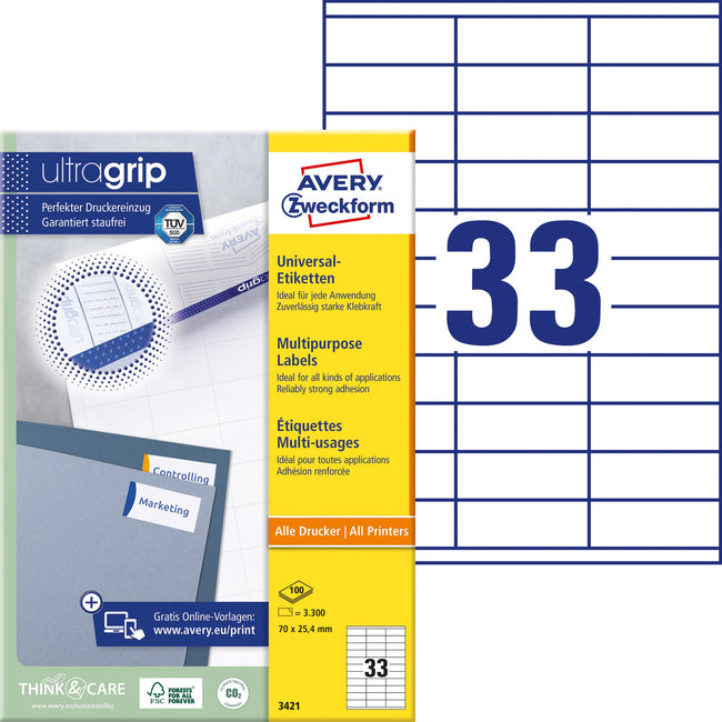 Avery Zweckform -  Etiket avery 3421 70x25.4mm wit 3300st