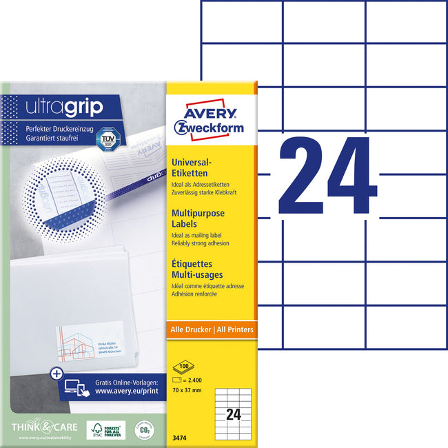 Avery Zweckform -  Etiket 3474 70x37mm wit 2400 stuks