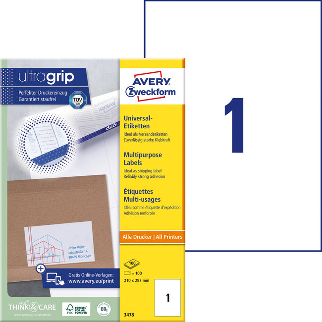 Avery Zweckform -  Etiket avery 3478 210x297mm a4 wit 100st