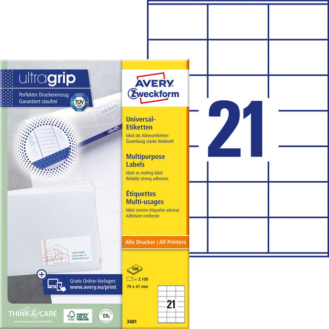 Avery Zweckform -  Etiket avery 3481 70x41mm wit 2100st