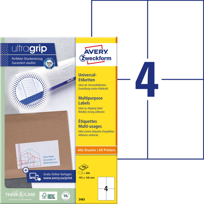 Avery Zweckform -  Etiket avery 3483 105x148mm a6 wit 400st