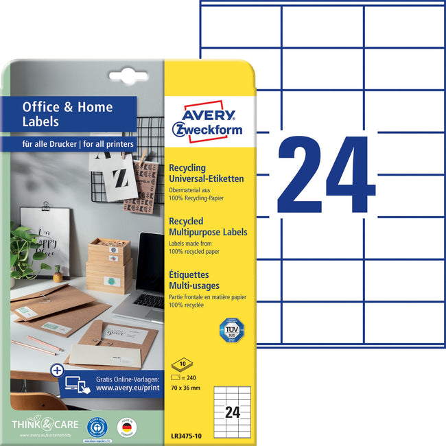 Avery Zweckform -  Etiket avery lr3475 70x36mm recycled wit 2400st | 5 stuks
