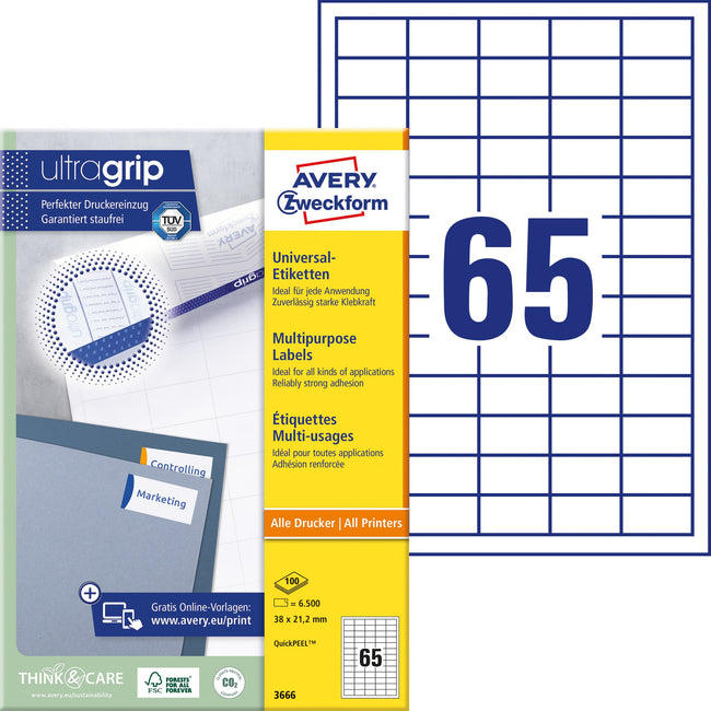 Avery Zweckform -  Etiket avery 3666 38x21.2mm wit 6500st