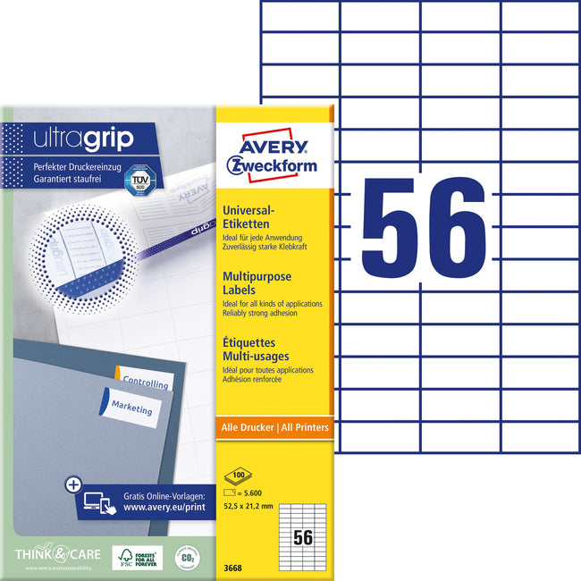 Avery Zweckform -  Etiket avery 3668 52.5x21.2mm wit 5600st