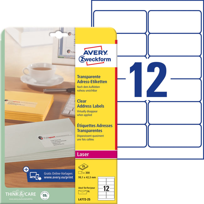 Avery Zweckform -  Etiket avery l4772 99.1x42.3 transparant mat 300st