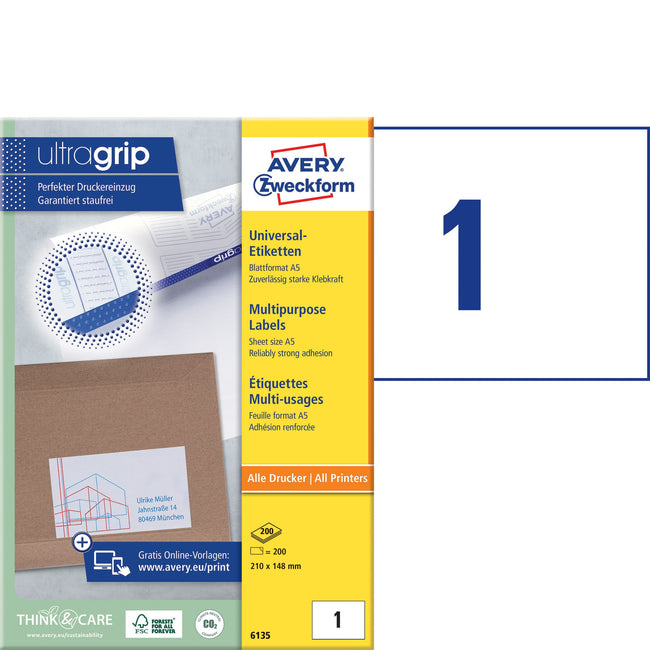 Avery Zweckform -  Etiket avery 6135 210x145mm wit 200st