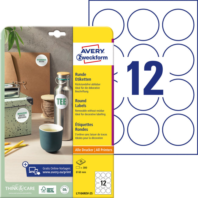 Avery Zweckform -  Etiket avery l7104rev-25 60mm wit 300st