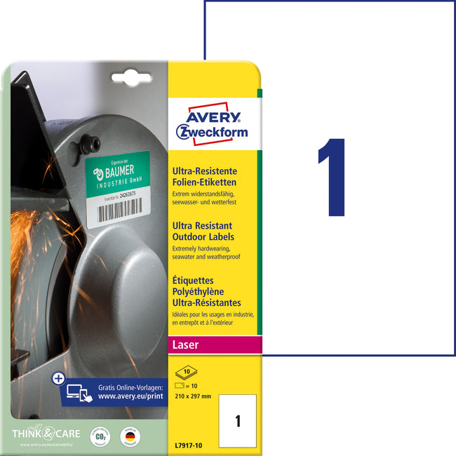 Avery Zweckform -  Etiket avery l7917-10 210x297mm polyester wit 10st