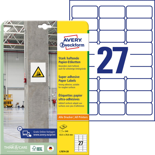 Avery Zweckform -  Etiket avery l7874-20 63.5x29.6mm 540st