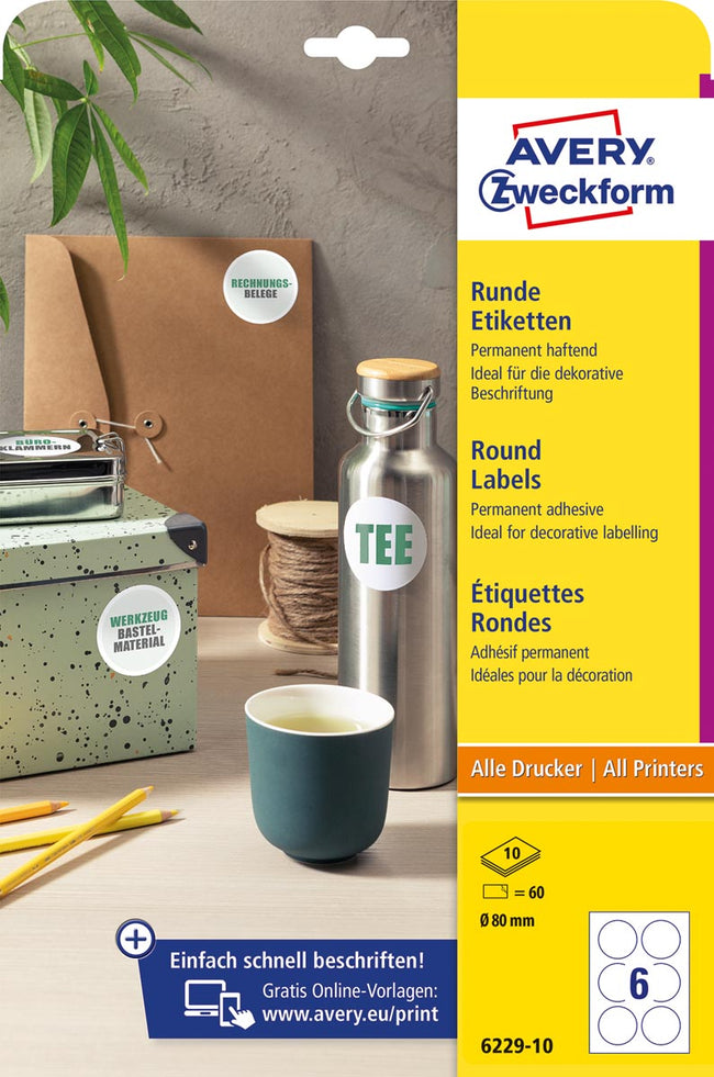 Avery Zweckform -  Zweckform ronde etiketten, diameter 80 mm, wit, permanent klevend, 60 etiketten, 10 vellen
