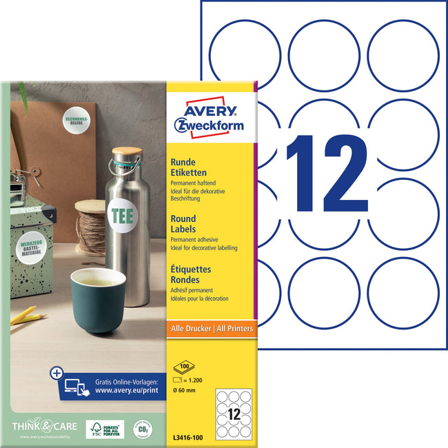 Avery Zweckform -  Etiket avery l3416 rond 60mm wit 1200st | 5 stuks