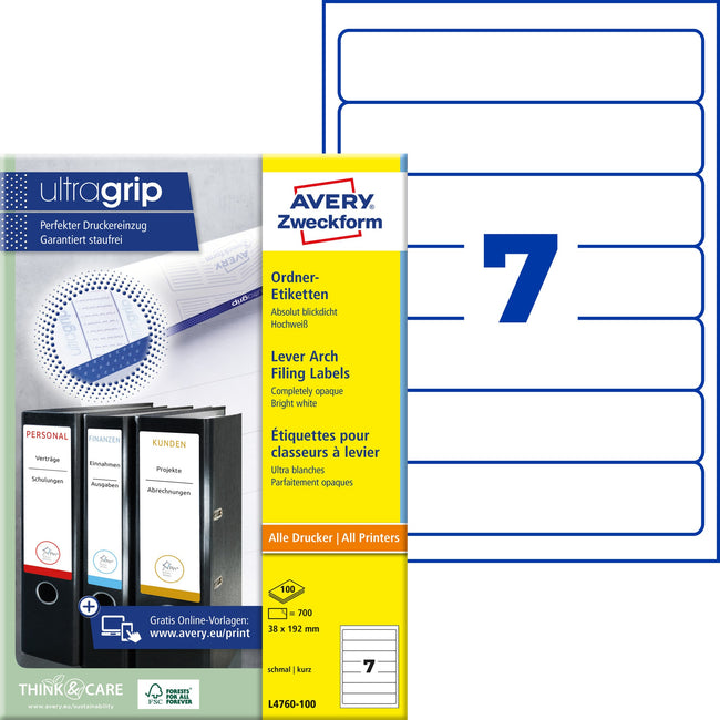 Avery Zweckform -  Rugetiket avery smal 38x192mm zelfklevend wit | 5 stuks