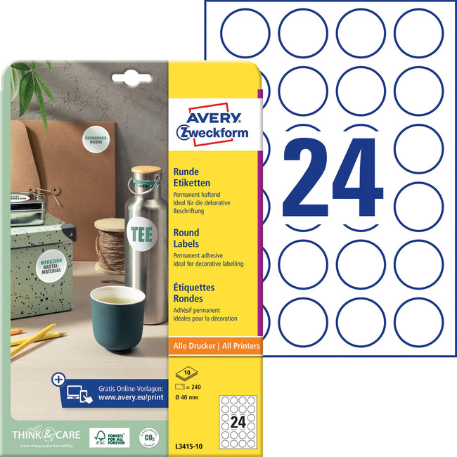 Avery Zweckform -  Etiket avery l3415-10 rond 40mm wit 240st