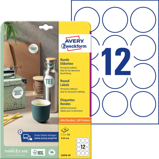 Avery Zweckform -  Etiket avery l3416-10 rond 60mm wit 120st