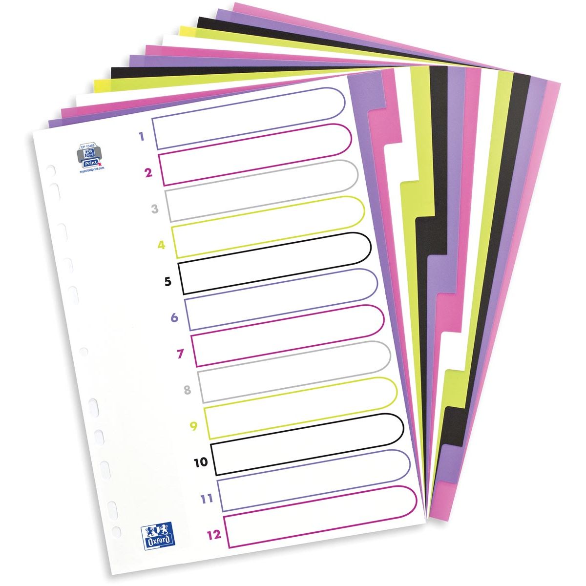 Oxford -   MyColour tabbladen, formaat A4, uit gekleurde PP, 11-gaatsperforatie, 12 tabs