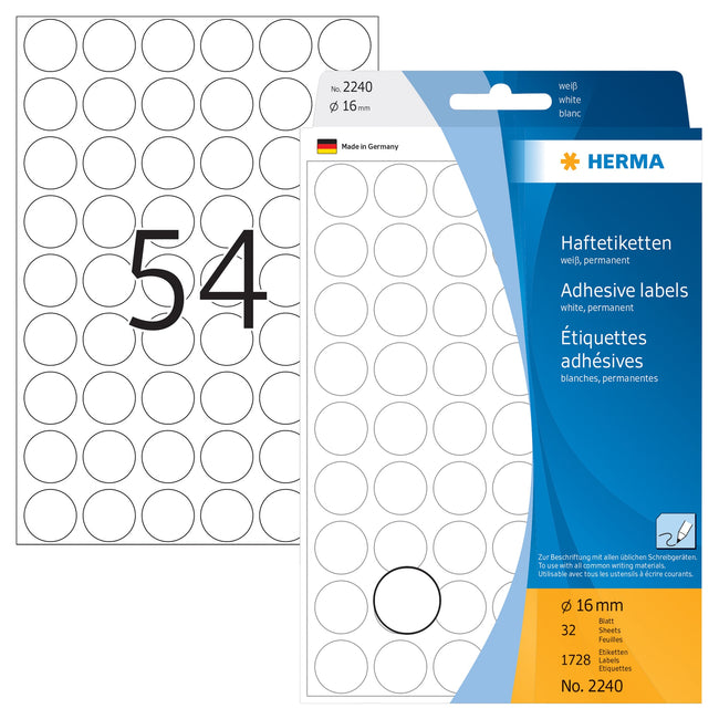 HERMA -  Etiket  2240 rond 16mm wit 1728st