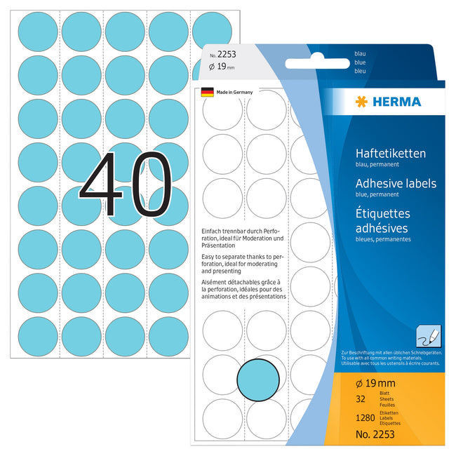 HERMA -  Etiket  2253 rond 19mm blauw 1280st