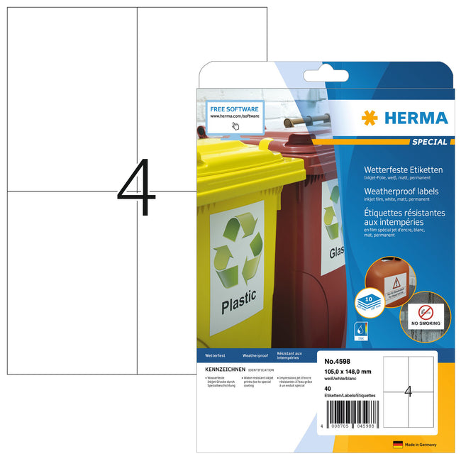 HERMA -  Etiket  4598 105x148mm a4 folie wit 40st