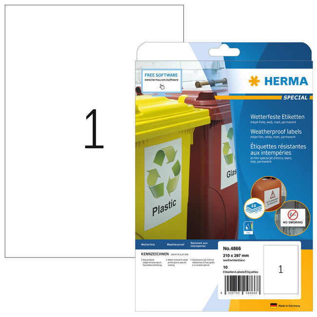 HERMA -  Etiket  4866 210x297mm a4 folie 10st wit
