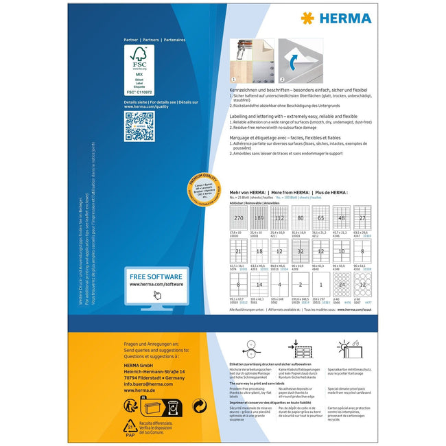 HERMA -  Etiket  10308 96x63.5mm verwijderbaar wit
