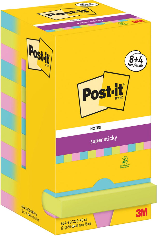 Post-it Super Sticky -   Notes Cosmic, 90 vel, ft 76 x 76 mm, 8 + 4 GRATIS