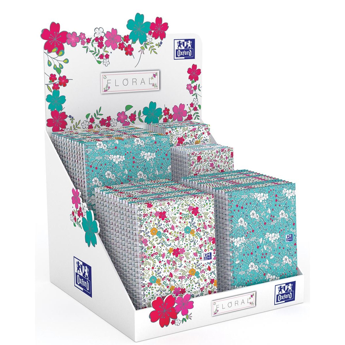 Oxford -  Floral notitieblok en spiraalschrift, ft A5/A6/B5, gelijnd en geruit 5 mm, display met 60 stuks