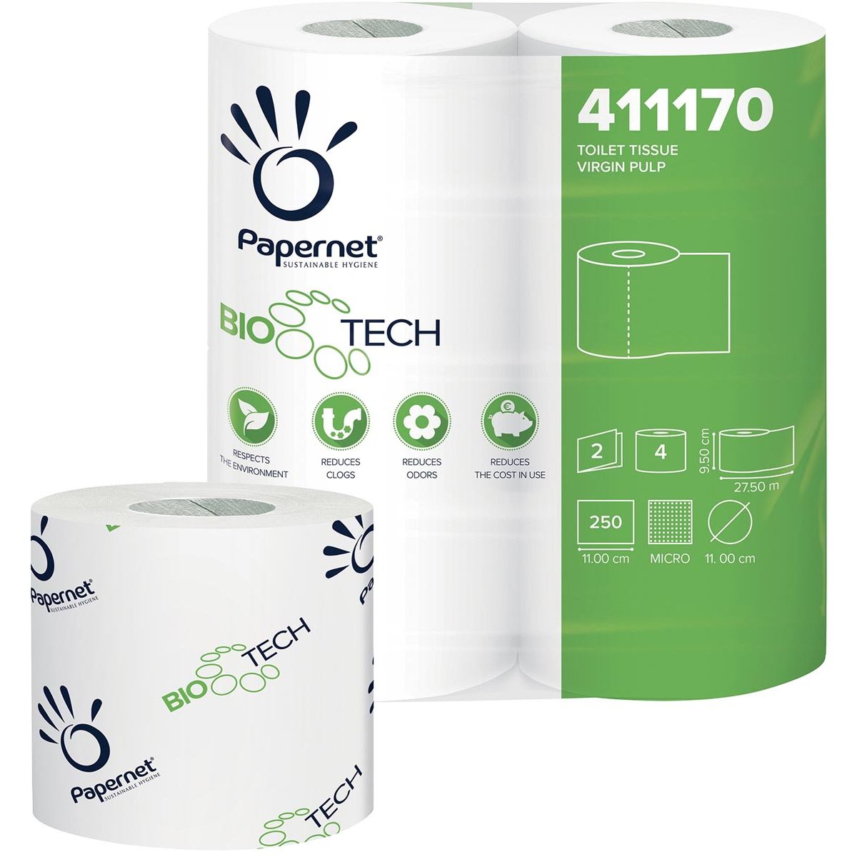 Papernet - Toilettenpapier Bio Tech, 2-lagig, 250 Blatt, Packung mit 4 Rollen