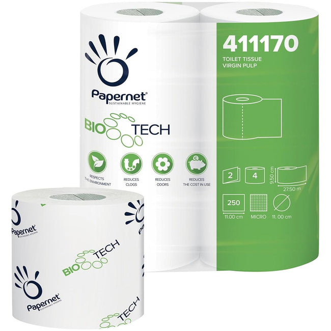 Papernet - Papernet toiletpapier Bio Tech, 2-laags, 250 vellen, pak van 4 rollen