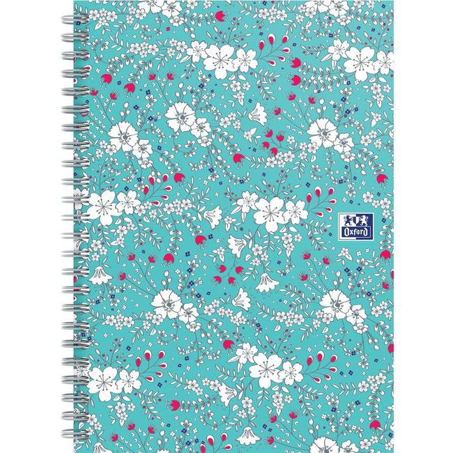 Oxford - Carnet à spirales à couverture rigide florale, ft B5, 60 feuilles, carreaux 5 mm, turquoise