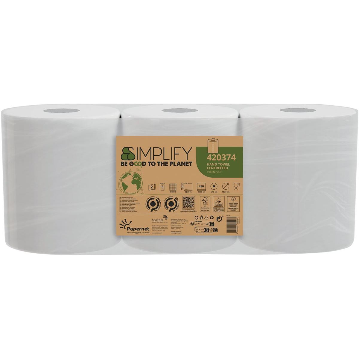 Papernet - essuie-tout Simplify Centerfeed, 2 épaisseurs, 90 m, 450 feuilles, paquet de 3 rouleaux