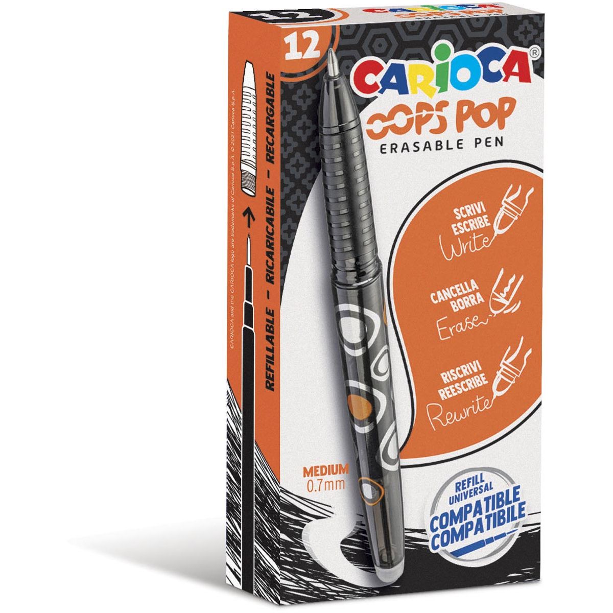 Carioca - roller gel Oops Pop, moyen, effaçable, boîte de 12 pièces, noir