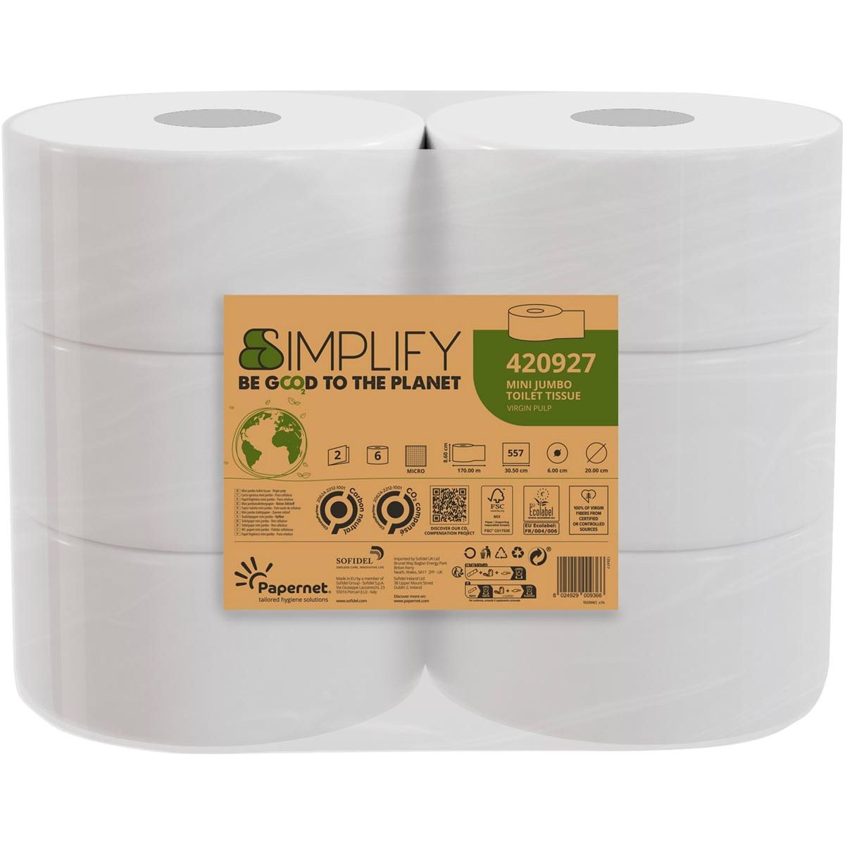 Papernet - Papernet toiletpapier Simplify Mini , 2-laags, 557 vellen, pak van 6 rollen