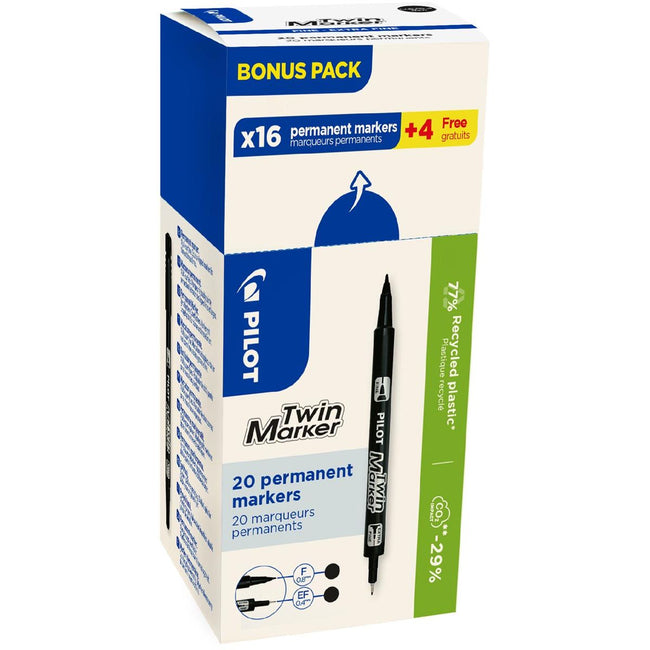 Pilot - Permanentmarker Twin, Box mit 16 + 4 Stück, schwarz