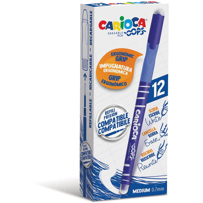 Carioca - stylo à bille Oops, moyen, effaçable, boîte de 12 pièces, bleu