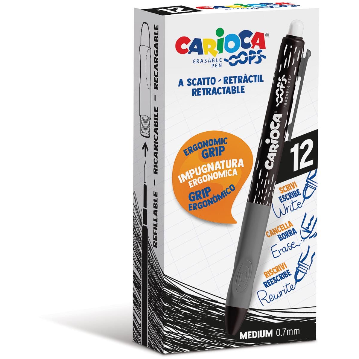 Carioca -  gelroller Oops, medium, uitwisbaar, doos van 12 stuks, zwart
