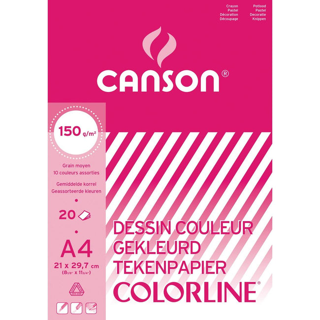 Canson -  tekenpapier Colorline, 150 g, ft 21 x 29,7 cm, A4, geassorteerde kleuren, blok van 20 vel