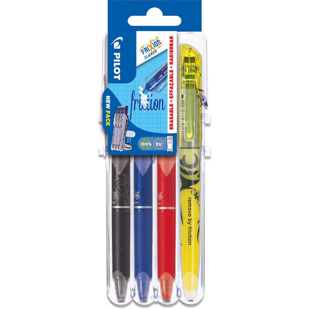 Pilot - roller Frixion Ball Clicker, Set 2 Go blister de 4 pièces : noir, bleu, rouge et jaune clair