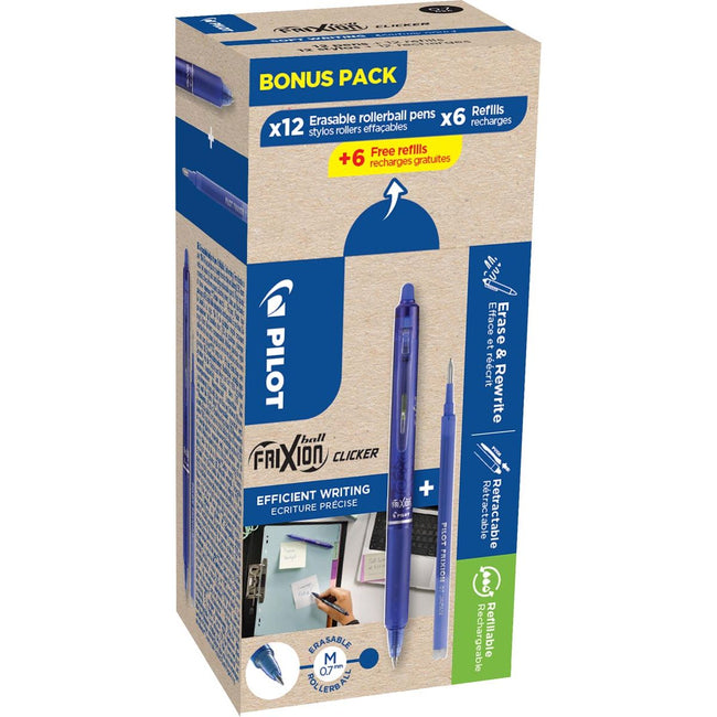 Pilot -  Frixion Ball Clicker, 12 rollers en 6+6 vullingen 0,7 mm, blauw